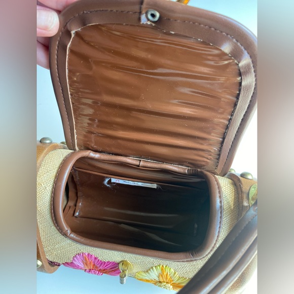 SOLD - Vintage Boho Raffia Woven Straw Floral Wooden Box Bag Purse Cabana - Picture 10 of 13